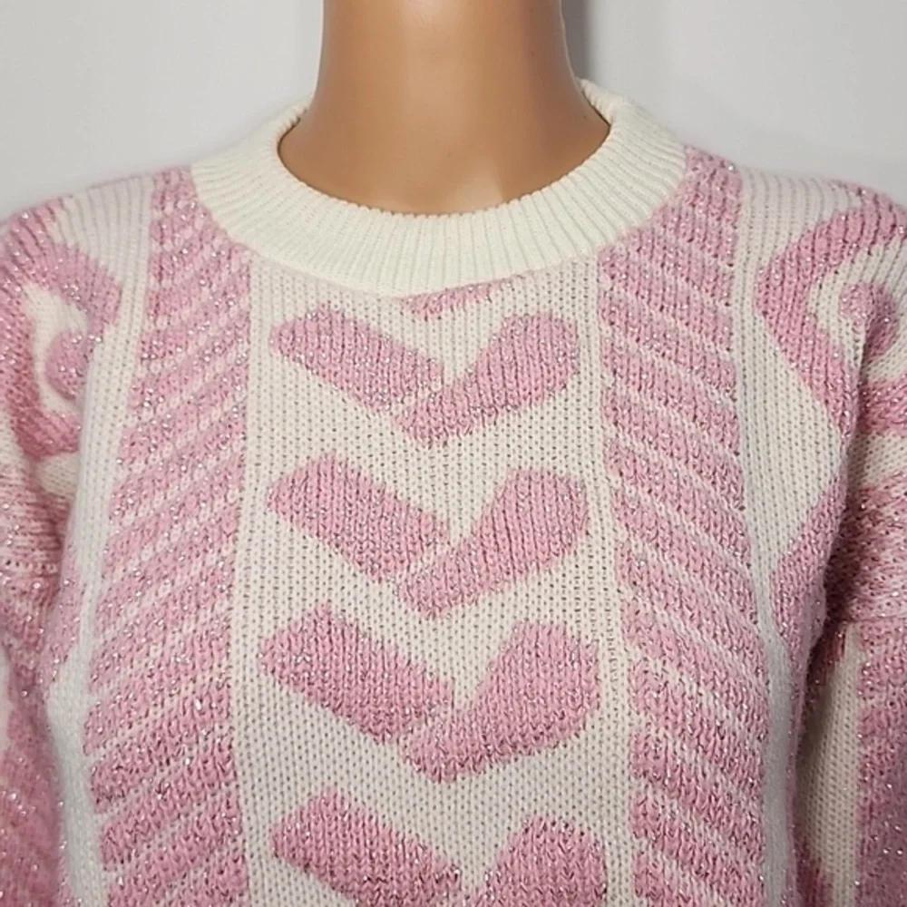 Spunky Metallic‎ Pink/White Sweater Womens S/M Mock Neck  Hearts print Knit Top